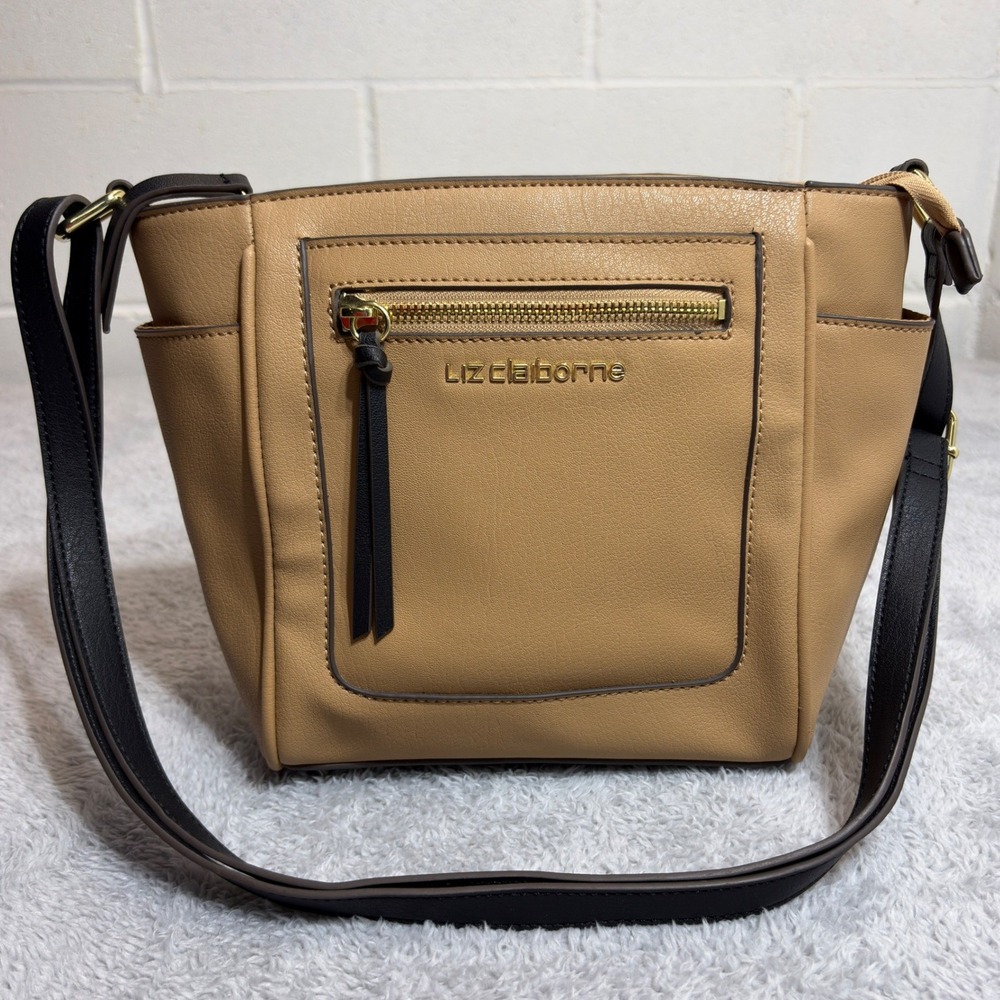 Liz Claiborne Crossbody Bag Womens Medium Tan Brown Faux Leather Multi-Pocket